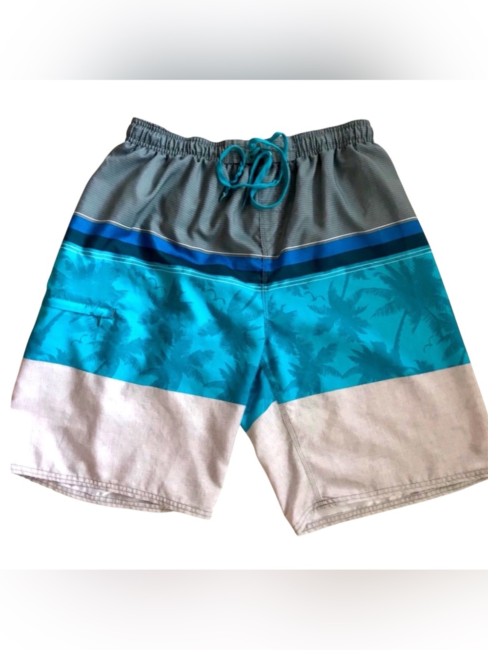 Burnside Tropical Palm Board Shorts Men’s L Blue Gray Drawstring Swim Shorts